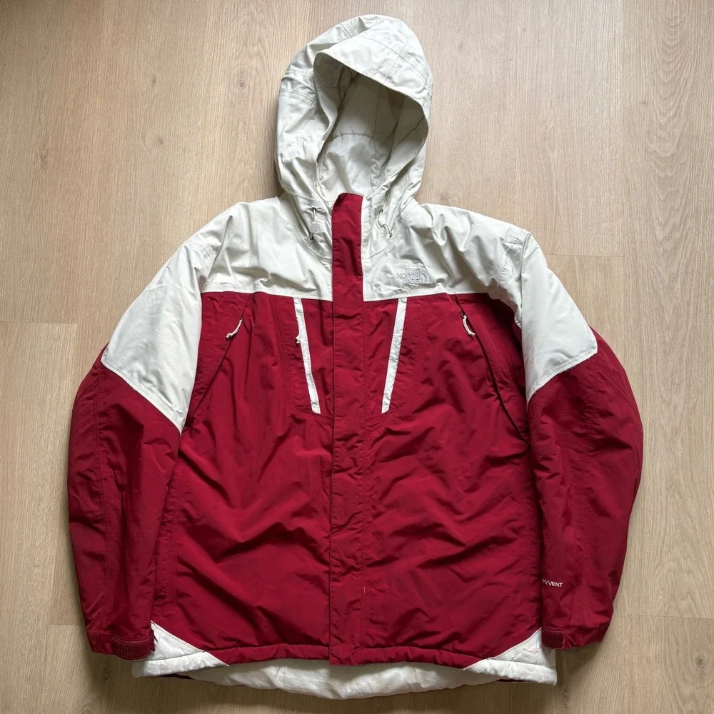 The North Face HyVent Ski Jacket Mens XL Red White Hooded Insulated Winter Coat